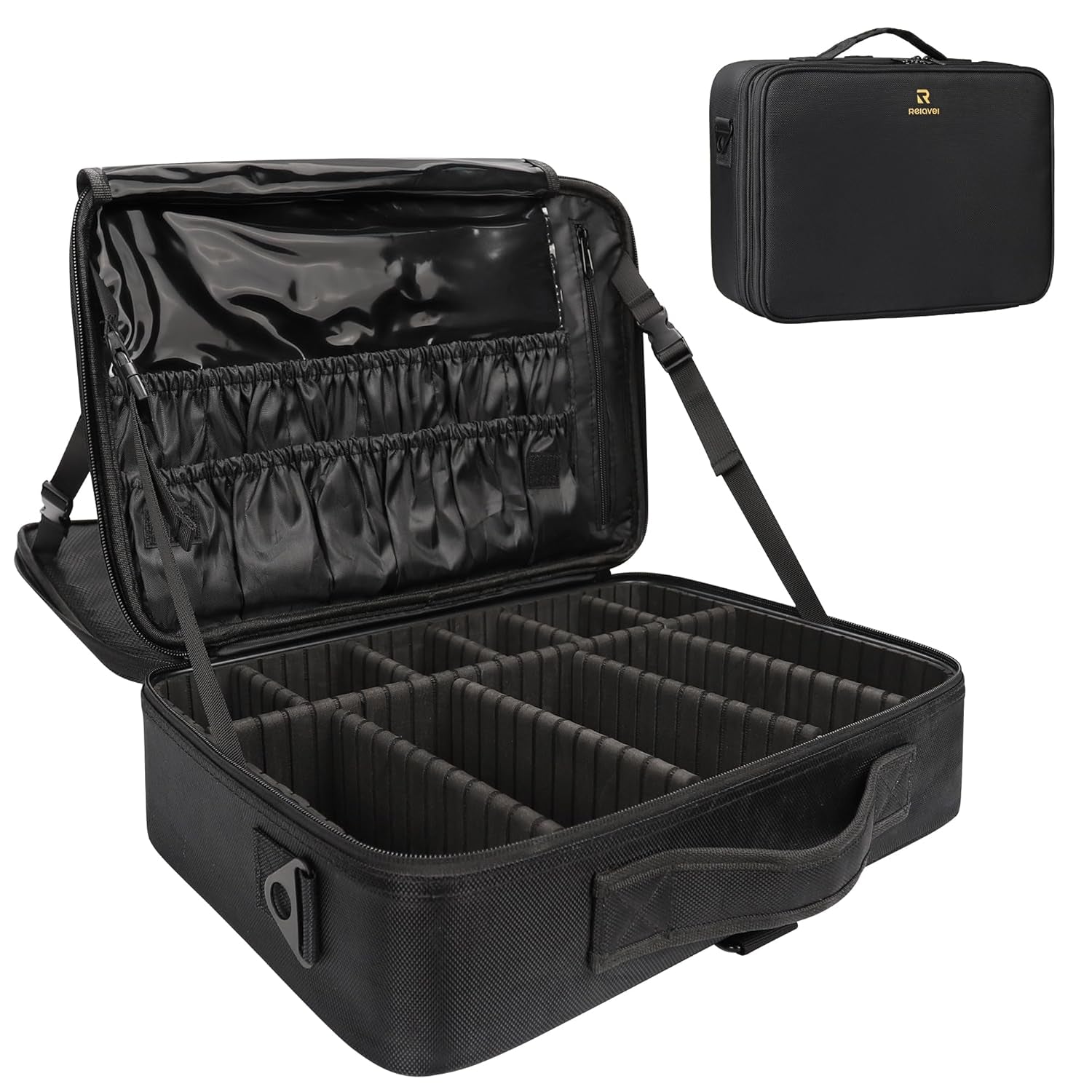 16.5'' Large Capacity Makeup Case 3 Layers Cosmetic Organizer Brush Bag Barber Train Case Makeup Artist Box for Hair Curler Hair Straightener Brush Set and Cosmetics