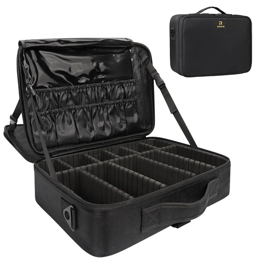 16.5'' Large Capacity Makeup Case 3 Layers Cosmetic Organizer Brush Bag Barber Train Case Makeup Artist Box for Hair Curler Hair Straightener Brush Set and Cosmetics
